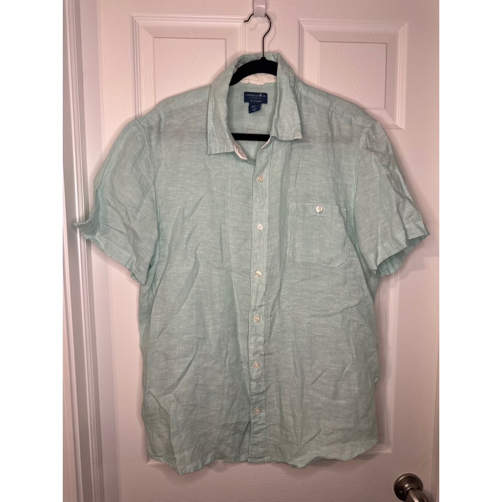 Caribbean Joe Mens XL 100% Linen Short Sleeve Button Down Shirt Seafoam Green